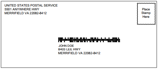 Envelope showing the USPS intelligent mail barcode above the mailing address.